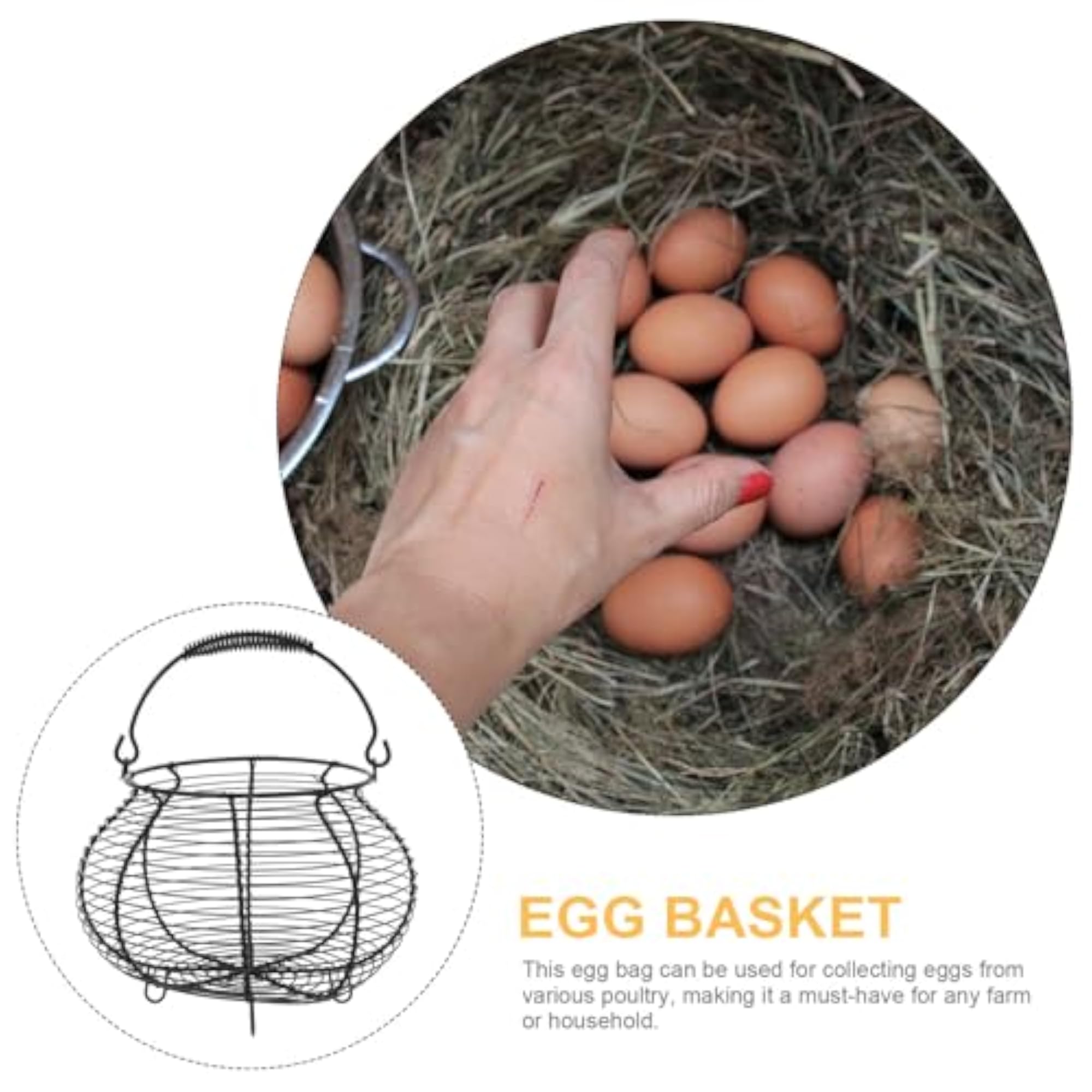 Black Iron Wire Egg Basket Kitchen Storage Rack with Handle, for Fresh Eggs
